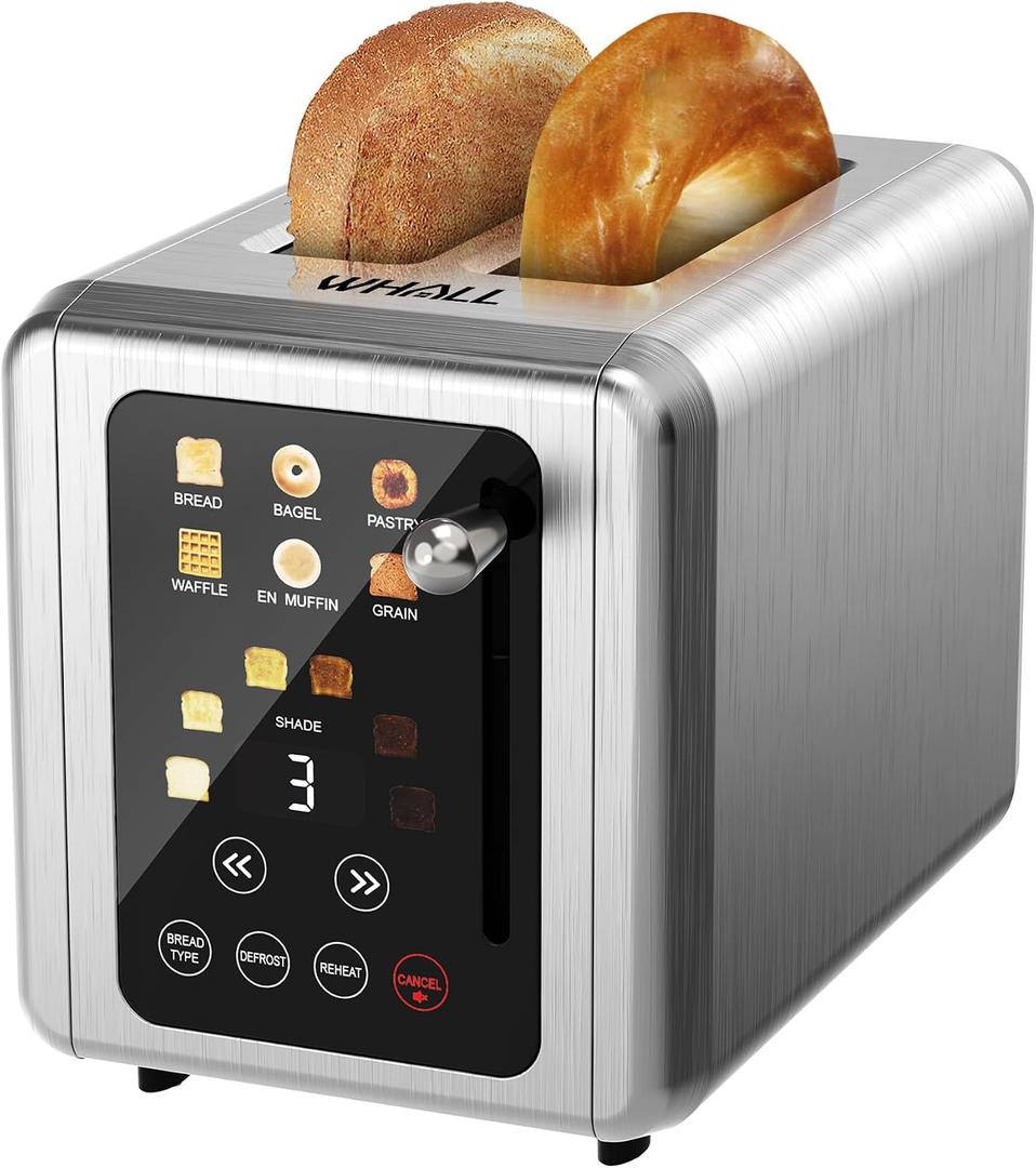 WHALL Touch Screen Toaster 2 Slice, Stainless Steel Digital Timer Toaster, 6 Bread Types & 6 Shade Settings, Smart Extra Wide Slots Toasters With Bagel, Cancel, Defrost Functions