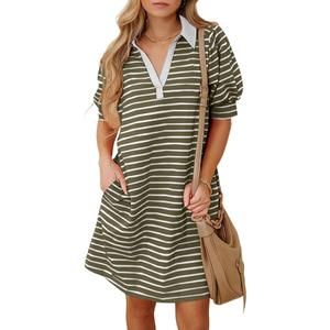 BLENCOT Women's Casual Polo V Neck T Shirt Striped Dress Summer Puff Short Sleeve MIdi Dresses Size Medium