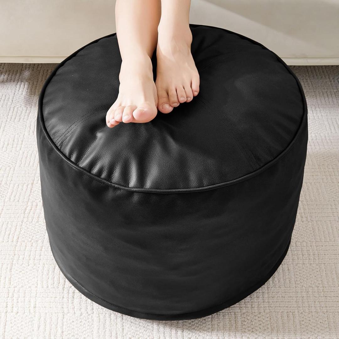 HIGOGOGO Round Stuffed Pouf Ottoman, Pu Leather Poufs with Foam Chunk Filling, Furry and Fluffy Pouf Foot Stool Storage Ottoman, 26 X 18 Floor Poufs Foot Rest for Living Room, Black
