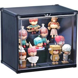 Display Case for Figures & Collectibles, One-Piece Molded Magnetic Door with 3 LED Light Effects, Stackable No Assembly Acrylic Container for Labubu, Action Figures (11.4"x8.1"x10.1") (Black)