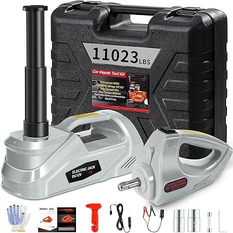 ExtraFein Electric Car Jack Kit with Impact Wrench, 5 Ton/11023 LBS 12V Electric Hydraulic Jack with Lifting Range: 6.1~17.7 inch, Safety Hammer for SUV MPV Sedan Truck Tire Change (Gray)