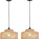 2 Pack Rattan Pendant Light,11 Inch Boho Kitchen Island light Fixtures,Handmade Woven Hanging Lamp,Small Wicker Chandelier,Basket Hanging Light for Bedroom Kitchen Living Room Restaurant Hallway Foyer