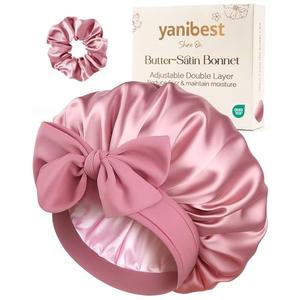 YANIBEST Adjustable Double Layer Satin Bonnet, Silk Hair Bonnet for Sleeping with Elastic Tie Curly Natural Hair Reduce frizz, Beanpaste Pink