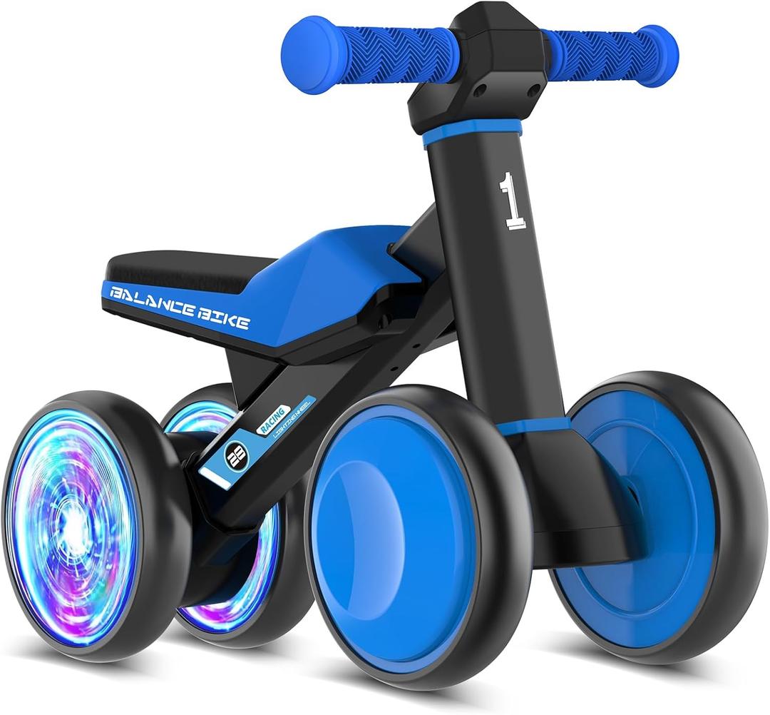 Colorful Lighting Baby Balance Bike Toys for 1 Year Old Boys Gifts, Toddler First Bike 12-24 Months with Adjustable Soft Seat, 4 Silent Wheels Ride on Toy, Perfect First Birthday Gift (Blue)