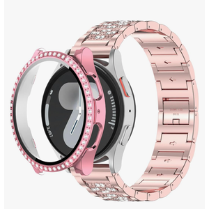 Compatible for Samsung Galaxy Watch 7 Watch Band 40mm 44mm Bling Metal Strap with Rhinestone Case for Women Men, Jewelry Replacement Band & Protective Cover