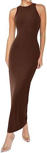 Relety Women's Bodycon Maxi Dresses Ribbed Lounge Tank Long Dresses Elegant Halter Neck Casual Sleeveless Summer Dresses, Size S