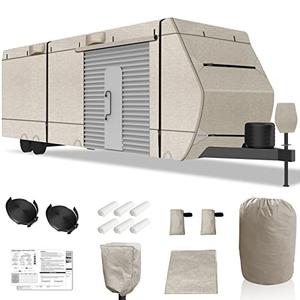 RV Covers Travel Trailer 26ft, Fits Travel Trailer Cover Truck Camper Cover 24-26ft, 7 Layers Truck Camper Cover Windproof Waterproof Anti-uv Prevent with Adhesive Repair Patches Beige Heavy Duty