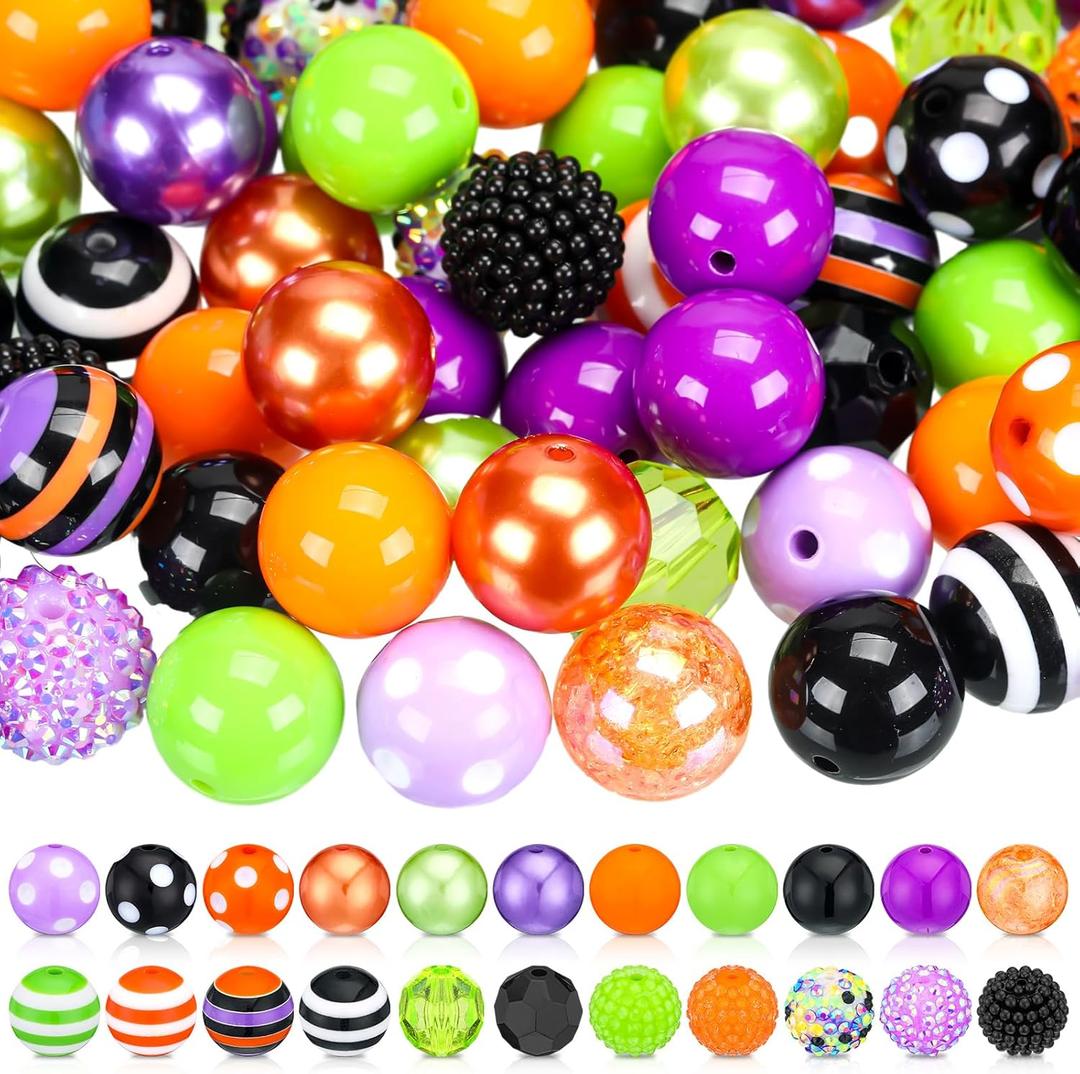 Poen 100 Pcs 20 mm Halloween Rhinestone Bubblegum Beads for Pens Bulk Crystal Resin Acrylic Plastic Spacer Chunky Beads for Halloween DIY Craft Keychain Necklace Bracelet Jewelry Making Holiday Decor (Classic Color)