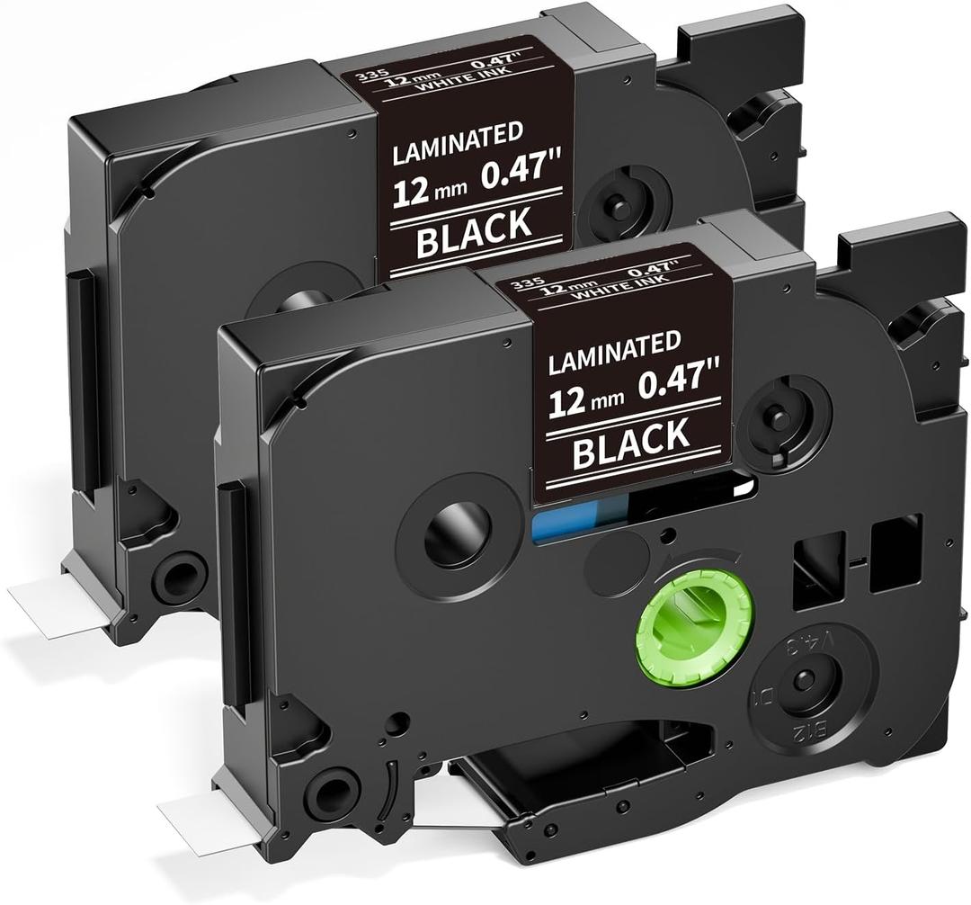 Label KINGDOM Black Tape Compatible with Brother P-Touch White on Black TZe-335 TZ-335 P Touch 1/2 Inch Tze Tz Laminated Label for PTD210 PT-H110 PTD220, 12mm 0.47 Inch x 26.2 Feet 8m, 2-Pack