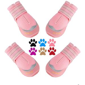 QUMY 4PCS Dog Boots & Paw Protectors for Hot Pavement, Summer Heat Protection, Mesh Breathable Nonslip Dog Booties for Hardfloors, Walking Running Hiking Pink, Size 7