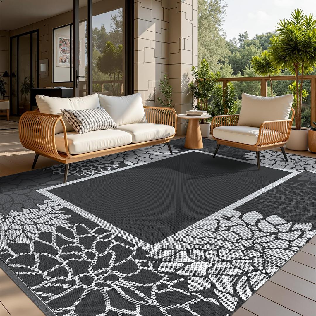 COCOER Floral Outdoor Rug 5x8 Reversible-Waterproof Patio Rug-Quick Dry Outdoor Carpet-Outdoor Area Rugs Indoor Outdoor Rugs-Outside Rug Patio Decor for Porch Deck Balcony Backyard (Blackwhite)