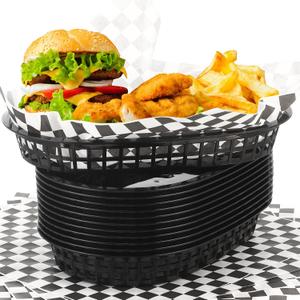 Uiifan 24 Pcs Food Baskets for Serving with 100 Deli Liners Fast Food Baskets 10.5 x 7 Inch Restaurant Serving Trays for Burger Chip Hot Dog Hamburger Bread Picnic(Black)
