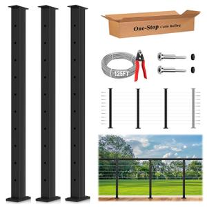 One-Stop Cable Railing Post Kit, 3 Pack Level Drilled Deck Post 36", Fixed Top Cable Railing System Including 3 Railing Post, 125ft Cable, 20 Terminal, 60 Cable Grommets (No Handrail)