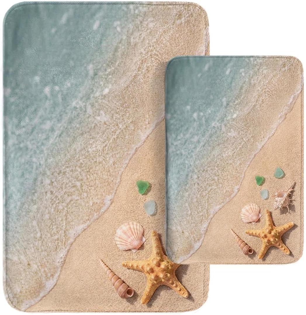 Britimes Beach Starfish Sea Shell Ocean Bathroom Rug Mat Set of 2, Washable Cover Floor Rug Carpets Floor Bath Mat Bathroom Decorations 16x24 and 20x32 Inches