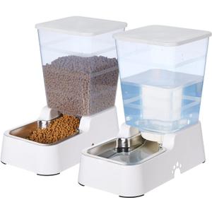 Automatic 5.4L/1.4Gal Pet Waterer, Automatic Dog Water Dispenser Gravity Stainless Steel Water Feeder, Large Capacity Feeding Bowls for Cats and Medium & Large-Sized Dogs (White, Food+Water)