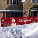 2 x Merry Christmas Banner 118x20 Inches Red Backdrop Snowman Christmas Trees Snowflakes Winter Holiday Scene Indoor Outdoor Party Wall Hanging Festive Photo Background Porch Decoration