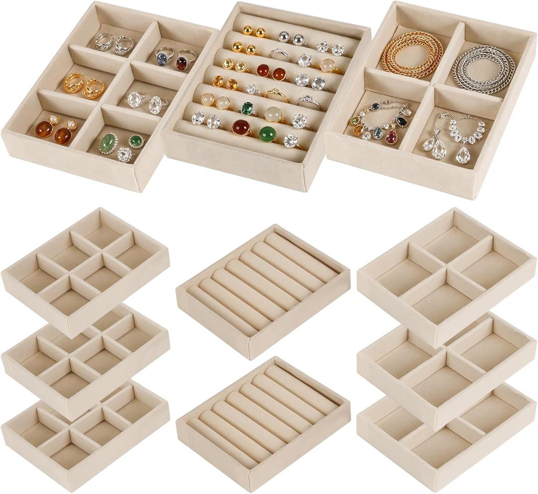 8-Piece 6" Velvet jewelry drawer organizer inserts Removable Dividers, Stackable Drawer Organizer for Rings Earrings Makeup, Vanity Dresser Storage