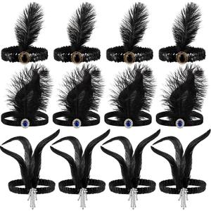 Seematn 12 Pcs 1920s Flapper Headband Flapper Headpiece 1920s Accessories Feather Headband for 20s Theme Party Carnival (Black)