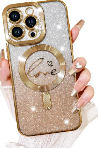 Fiyart Designed for iPhone 12 Pro Max Case,Compatible with MagSafe Love Heart Plating Camera Protection TPU Magnetic Glitter for Women Girls Shockproof Phone Bumper 6.7"-Gold