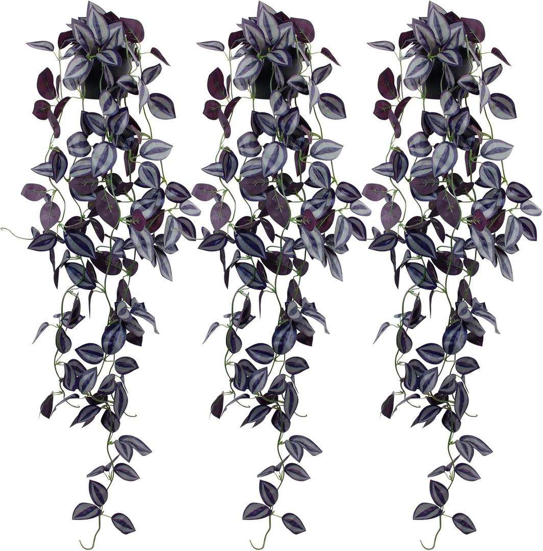LOYWREE 3Pack Small Fake Hanging Purple Plant Artificial Potted Plants Indoor 39-in Long Faux Dark Black Vine Plant for Shelf Home Office and Outdoor Garden Decor (Black Pot)
