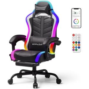 GTPLAYER Gaming Chair, Computer Chair with RGB LED Lights, High Back Ergonomic Chair for Adults with Footrest and Linkage Armrests& Headrest Lumbar Support (with Bluetooth Speakers)