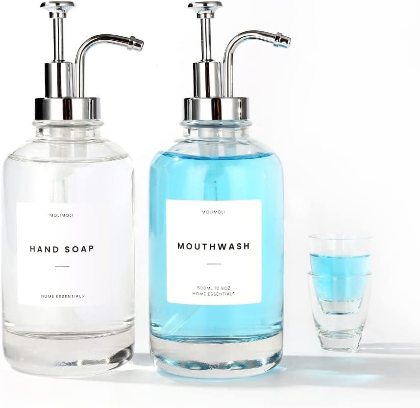 Molimoli Hand Bathroom Soap Dispenser Set, Glass Mouthwash Dispenser for Bathroom, Dish Soap Dispenser for Kitchen Sink, Soap Dispenser Pump, 500ml/16.9 Oz, Set of 2, Silver
