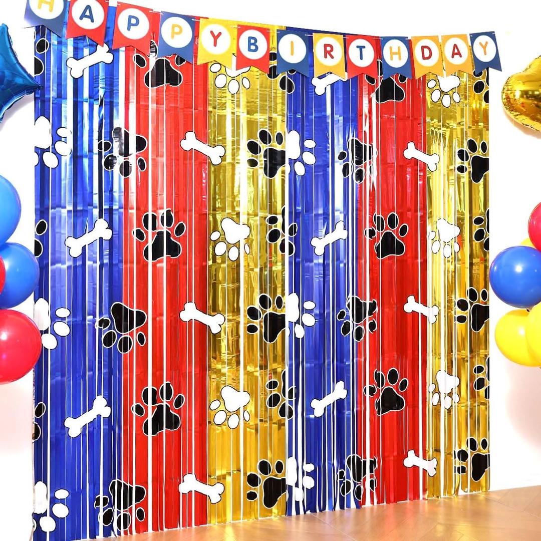 Playful Paw Party Decor Kit with 15 Balloons - 2 Pack 3.3x6.6ft Tinsel Fringe Curtains Backdrop, Paw Photo Booth Props, Animal Birthday Party Supplies for Kids & Boys Room Decor