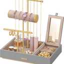SONGMICS Jewelry Holder, Jewelry Organizer, Jewelry Display Stand, Metal Earring Organizer with Mirror, with Necklace Earring Bracelet Holder, for Rings, Gift Idea, Dove Gray and Gold UJJS022G01