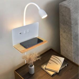 White LED Reading Wall Lights with Wireless Charging, USB Charging Port, 3-Way Dimmable Wall Sconce Bedroom, Hardwire or Plug-in, Bedside Wall Mounted Light with Flexible Gooseneck Headboard Bed Light