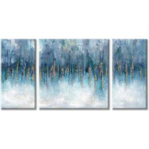 Modern Picture Abstract Canvas Artwork:Blue & White Wall Art on Canvas painting for Office (24'' x 24'' x 1 Panel + 24'' x 12'' x 2 Panels)