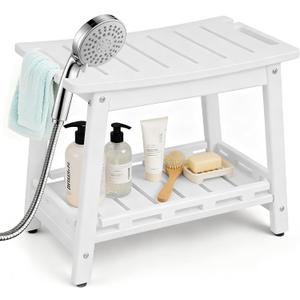 Large HDPE Shower Bench Seat for Shaving Legs, Waterproof Shower Stool with Storage Shelf for Bathroom, White