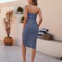 Womens Summer Striped Dress Strapless Side Slit Bodycon Sundress Casual Going Out Dress Beach Vacation Dresses (Blue, S)