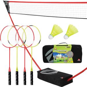 Zume Games Portable Badminton Set with Freestanding Base - Sets Up on Any Surface in Seconds - No Tools or Stakes Required (Red/Black/Green)