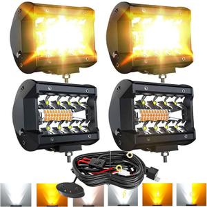 LED Light Bar 4PCS 4'' Inch White/Amber Yellow LED Pods Equivalent to 240-Watt Strobe Light Driving Fog Lights Triple Row Off Road Lights with Six Modes for SUV ATV UTV Trucks Pickup Lamp