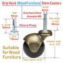 JGJC 2" Antique Brass Casters Wheels 4-Pack | 5/16" × 1-1/2" (8×38mm) M8 Grip Neck Stem Casters for Furniture Legs, Wood Chairs, Cabinets & Carpet | Vintage Ball Caster Set of 4 with Sleeve Plugs
