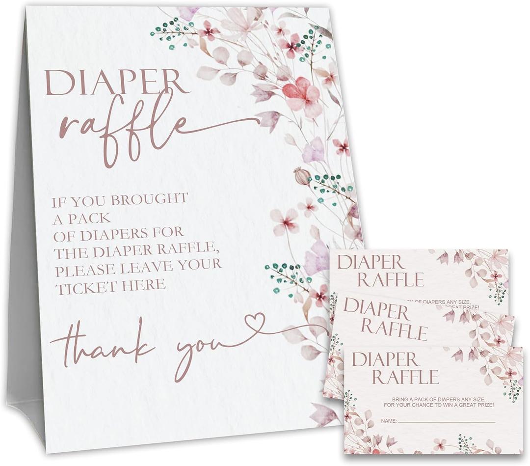Baby Shower Diaper Raffle Game Set,Baby Shower Game Kit,Watercolor Flower Theme 1 Standing Sign & 50 Raffle Tickets,Baby Announcement,Gender Reveal Party Decorations & Supplies-A02