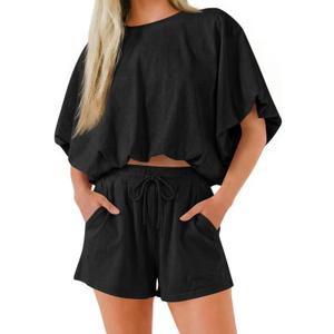 Cicy Bell Womens Summer 2 Piece Short Sets Puff Sleeve Cropped Tops and Shorts Casual Loose Outfits Comfy Lounge Sets (Medium, Black)