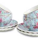 Tea Cup and Saucers, 6.4oz Floral Tea Cups with Gold Trim, Porcelain Teacup, Coffee Cappuccino Espresso Latte Mugs for Party Birthday,Party Cafe Home, Christmas Gift (Blue)