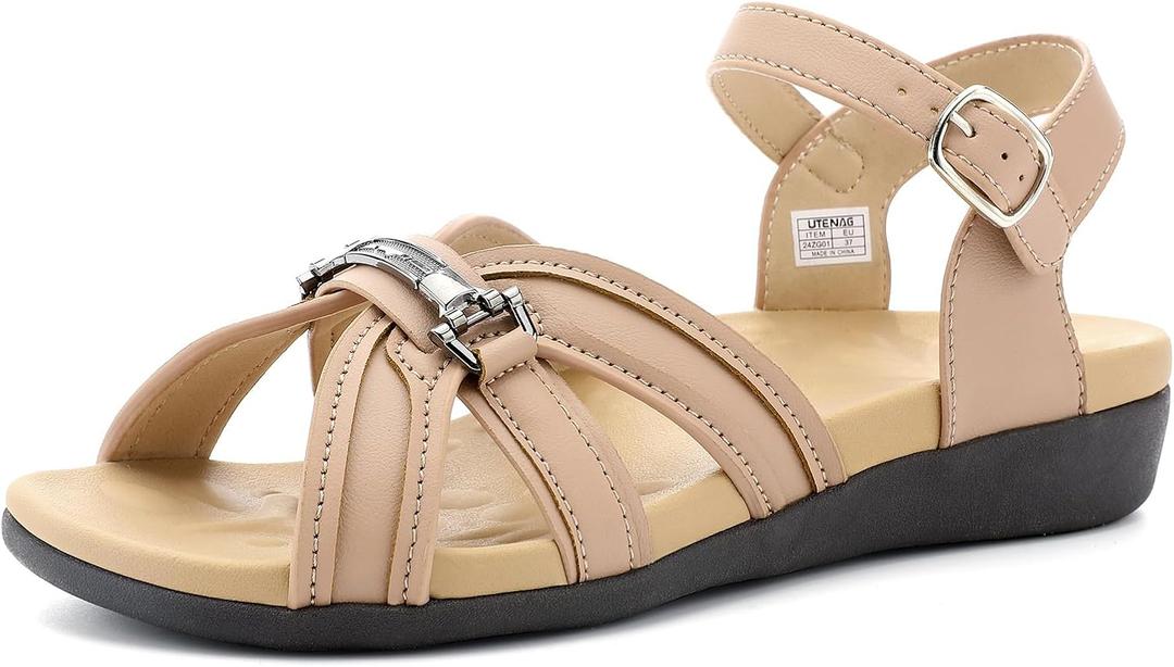 UTENAG Women's Orthopedic Arch Support Flats Sandals Adjustable H-Band Ankle Strap Sandals Beige, Size: 11