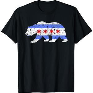 Chicago City Flag Distressed Bear Gift T-Shirt, M