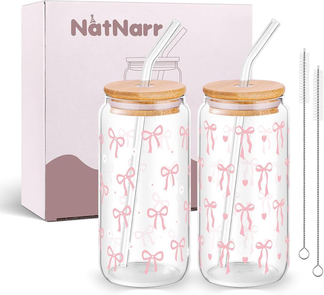 2 Pcs Cute Glass Cups with Lids and Straws, 16oz Coquette Pink Bow Iced Coffee Girly Preppy Design Tumbler Mug for Teen Girls Women Kids Bridesmaid Birthday Graduation Wedding Mothers Day Gifts