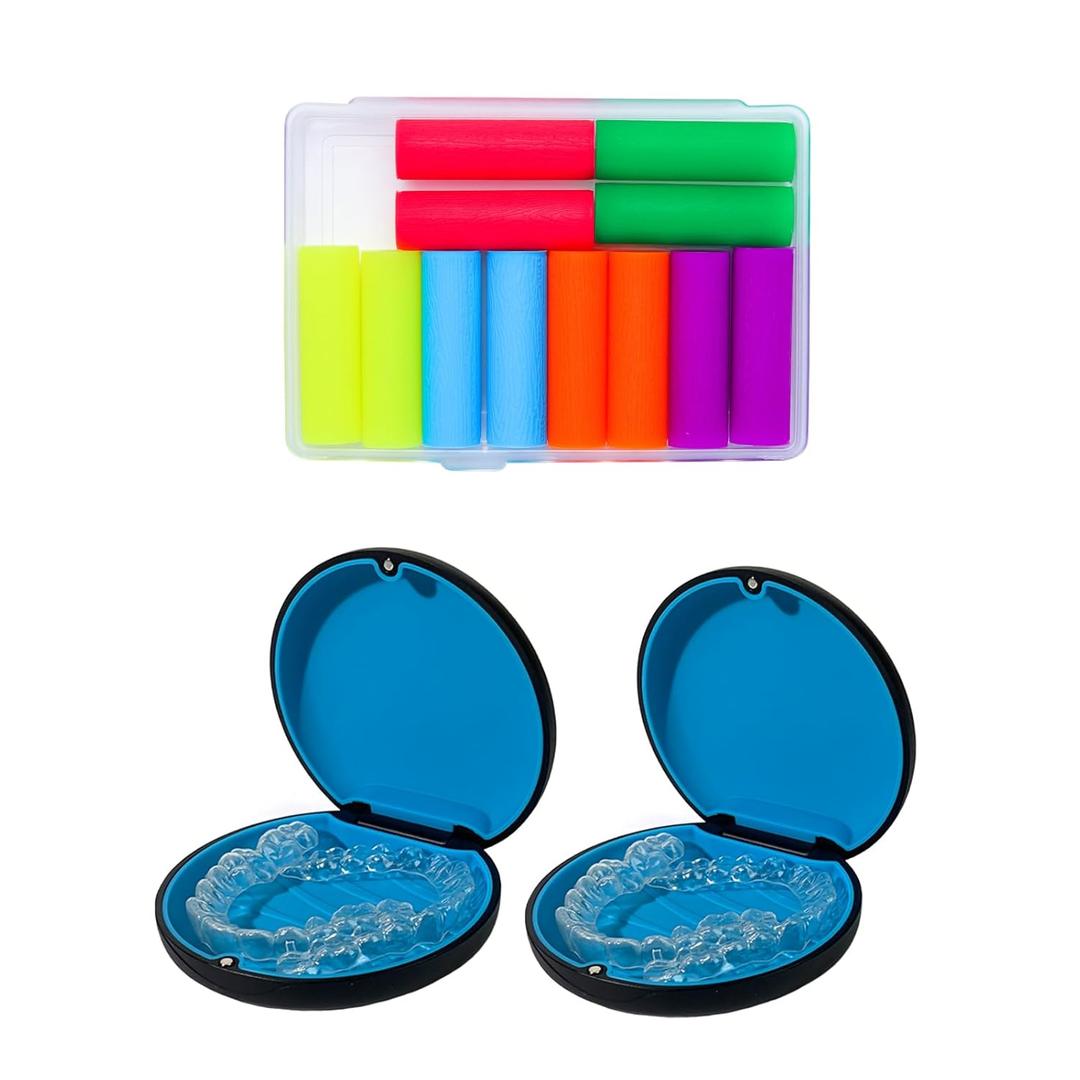 2PCS Retainer Case & 12PCS Aligner Chew with Plastic Box,Compatible with Invisalign