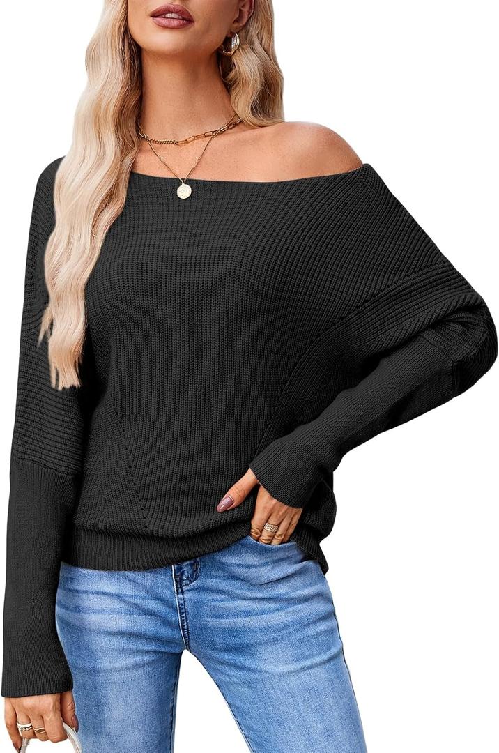 Women Off The Shoulder Sweater Batwing Long Sleeve Loose Fit Knit Pullover Tops Casual Fall Jumper Tops 2024 (Black, XL)