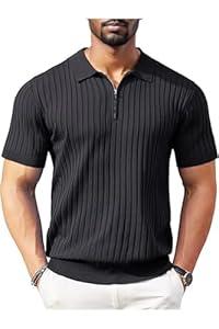 AGTCARE Men's Polo Shirts Short Sleeve T Shirts Ribbed Knit Zipper Polo Shirts Fashion Casual Golf Tee Black, M