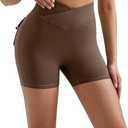 MOOSLOVER Women Workout Biker Shorts with Pockets High Waisted V Cross Shorts Scrunch Butt Yoga Gym Booty Shorts (Brown, L)