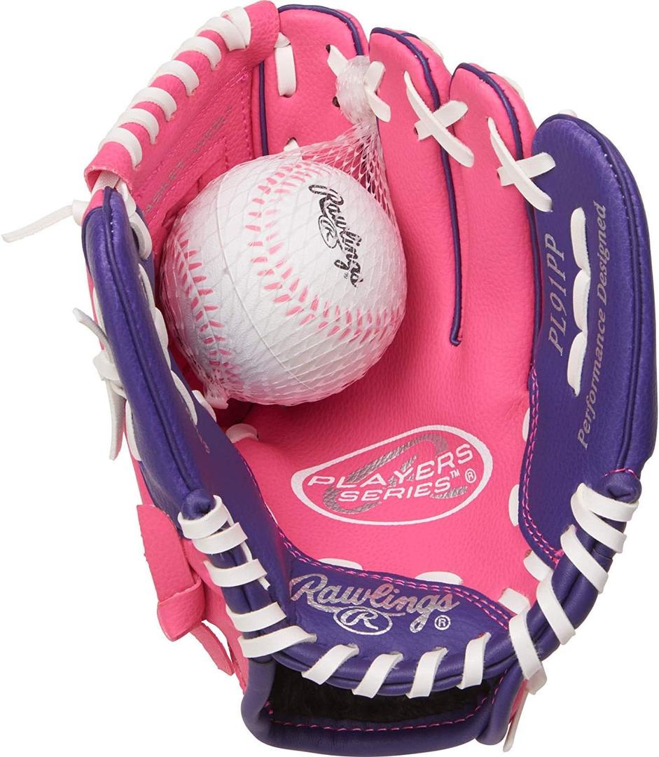 Rawlings | PLAYERS Series T-Ball & Youth Baseball Glove | Right Hand Throw | 9" | Pink/ Purple with Ball