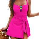 Zilcremo Swim Dress for Women Tummy Control One Piece Swimsuit Wrap Swimdress Square Neck Skirted Bathing Suit Swimwear Hotpink L