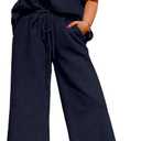 Eytino Womens Plus Size Sweatsuits Casual Short Sleeve Tops High Waist Wide Leg Pants 2 Piece Tracksuit Lounge Sets(1X-5X) (Navy Blue)