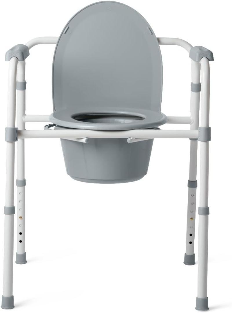 3-in-1 Bedside Commode Chair  Steel Folding Frame, 7.5 QT Bucket, 350 lb Weight Capacity, Clip-On Toilet Seat, Bathroom Safety Aid for Seniors, Tool-Free Assembly  Gray