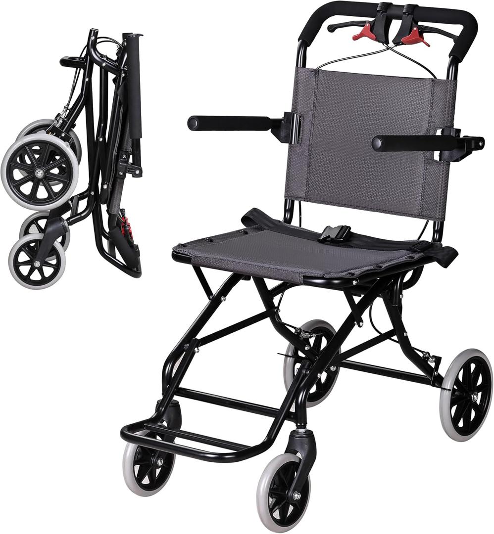Portable Wheelchair,Lightweight Foldable Transport Chair with Handbrake for Adults and Senoirs